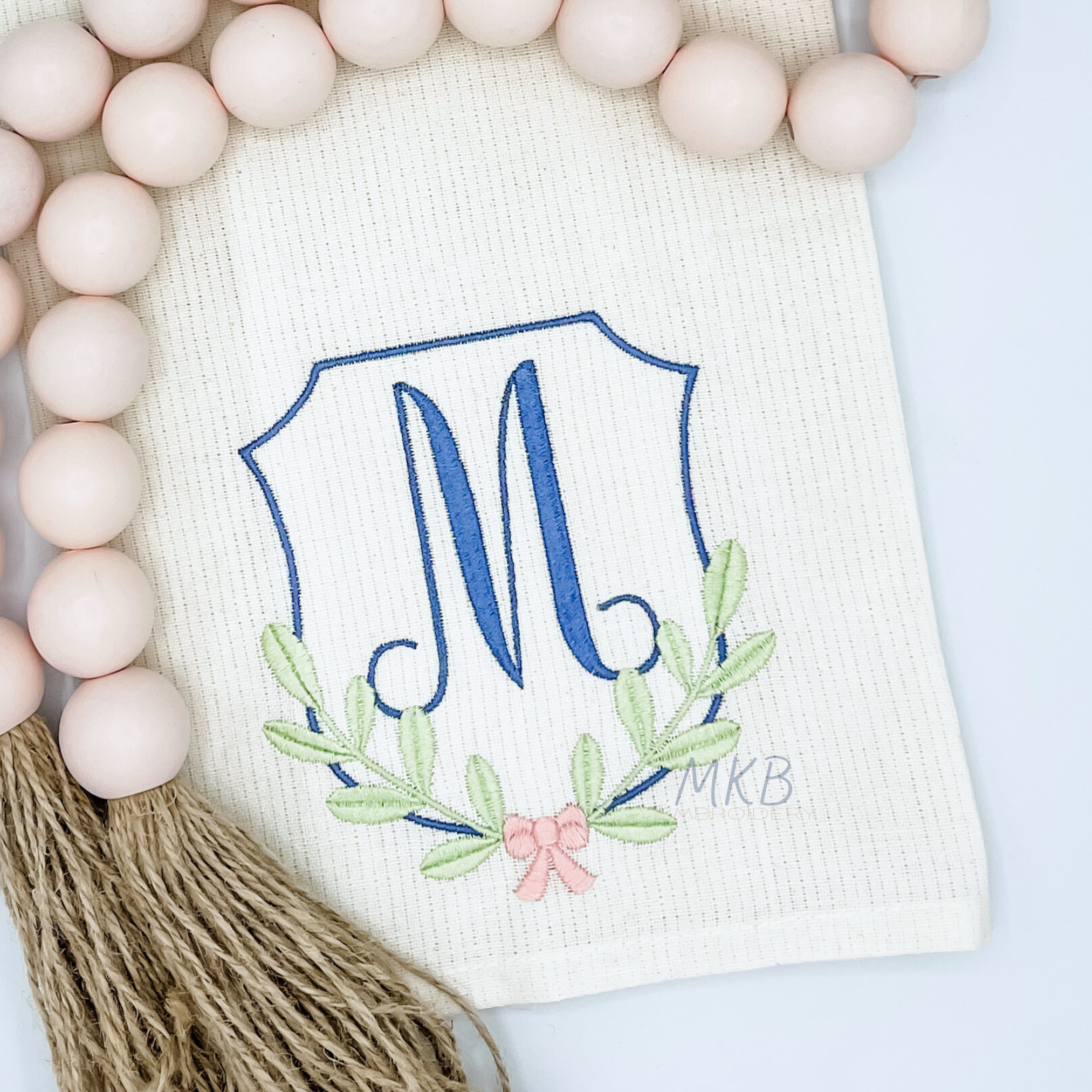 Boxwood Greenery Laurel with a Bow Crest Monogram Frame Embroidery Design