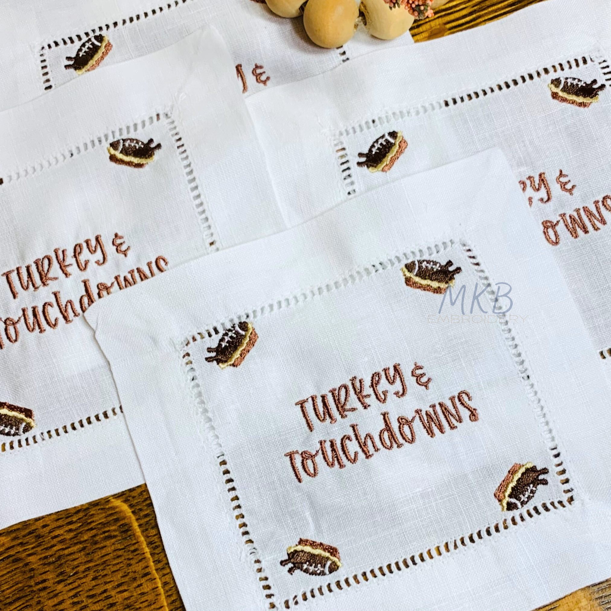 Turkey Football Pie Cocktail Napkins Embroidery Design