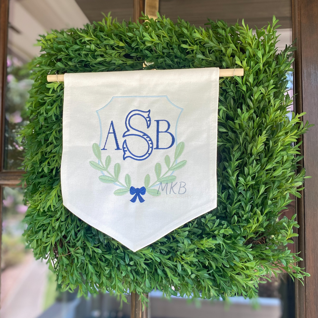 Boxwood Greenery Laurel with a Bow. Monogram Crest embroidery Design