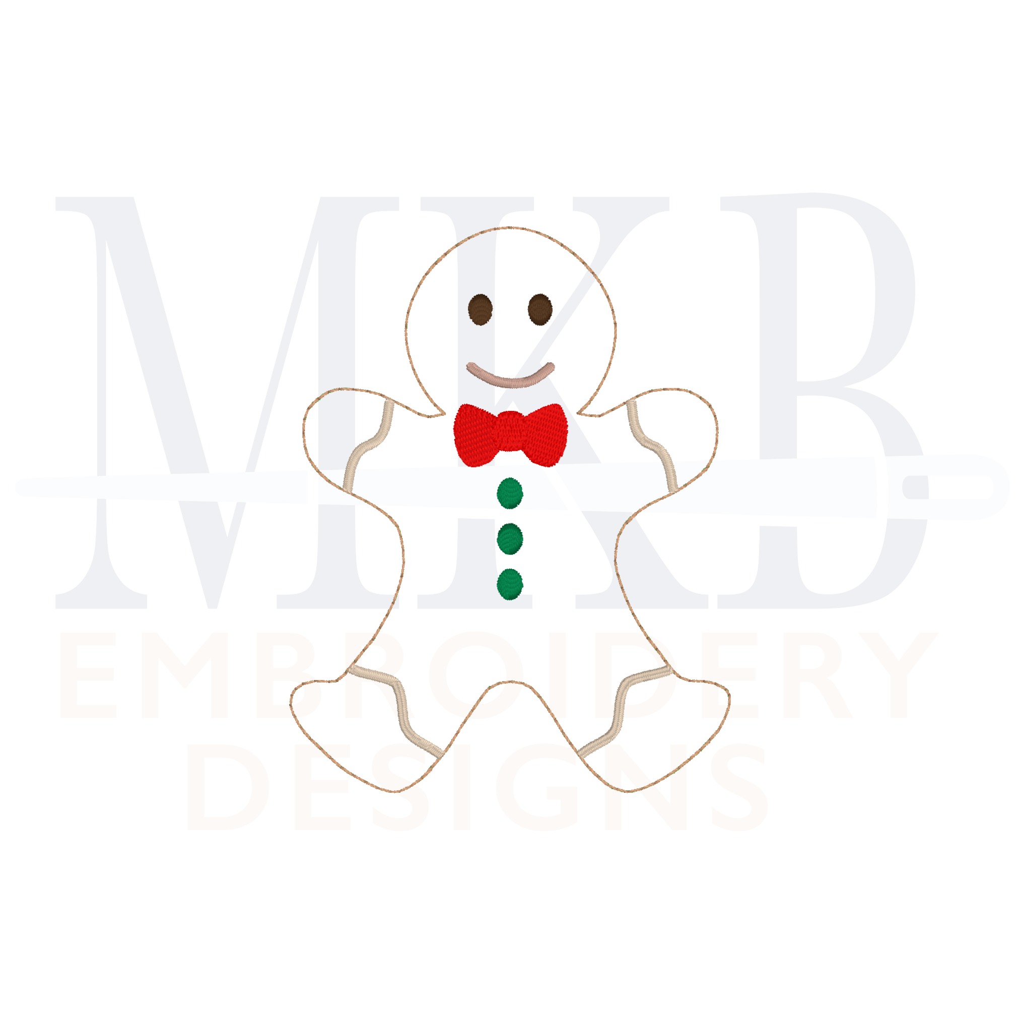 gingerbread boy bean stitch applique embroidery design.  gingerbread design includes a bow tie and buttons.