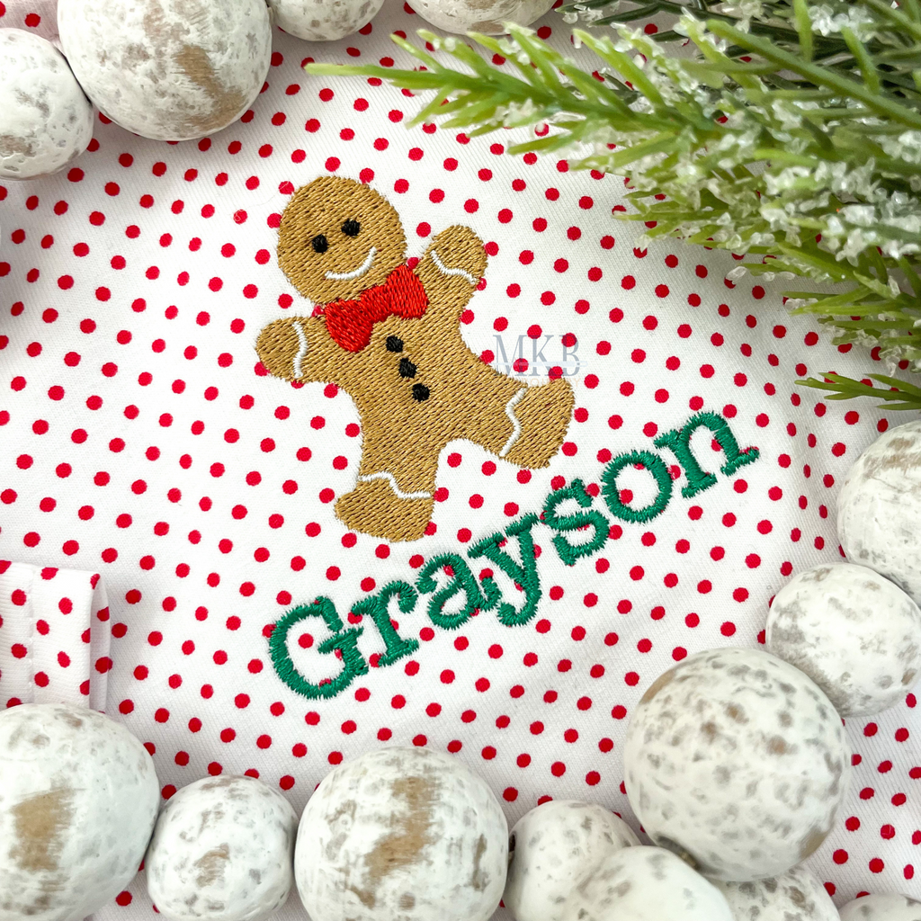 mini gingerbread boy fill stitch embroidery design.  the gingerbread has a bow tie and buttons