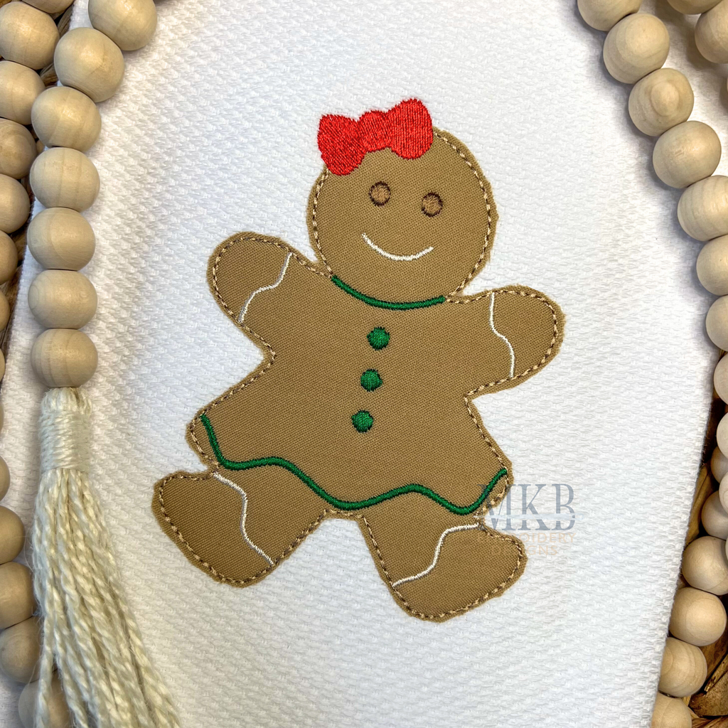 gingerbread girl bean stitch applique embroidery design file. gingerbread girl with a bow and dress embroidery design.