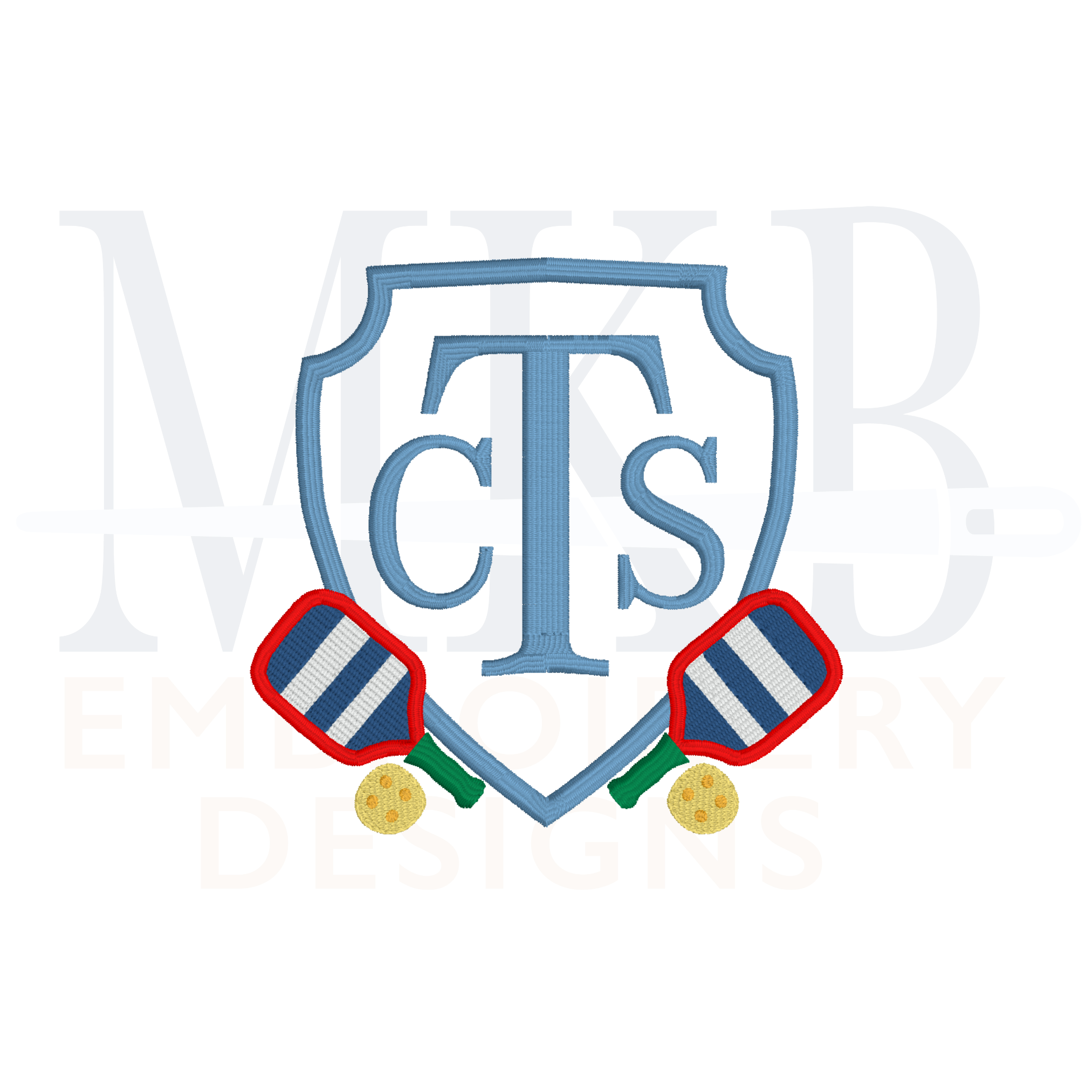 Monogram crest Frame with pickleball rackets and balls on the left and right side of the frame.