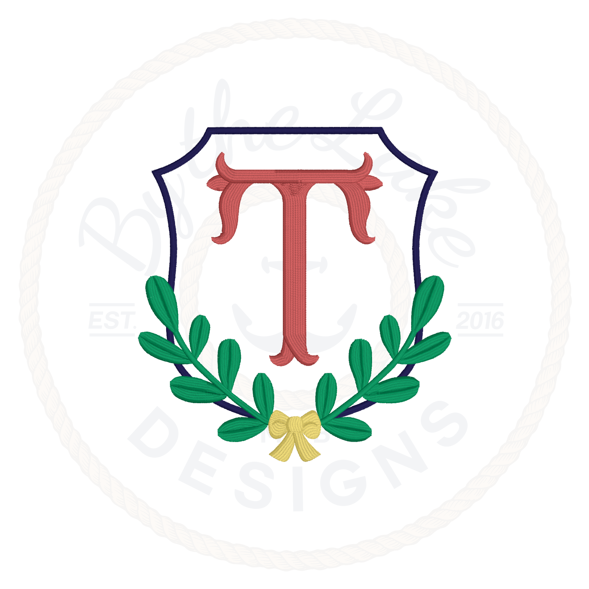 Greenery Laurel Monogram Frame Embroidery Design with a bow